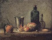 Jean Baptiste Simeon Chardin Orange silver apple pears and two glasses of wine bottles France oil painting artist